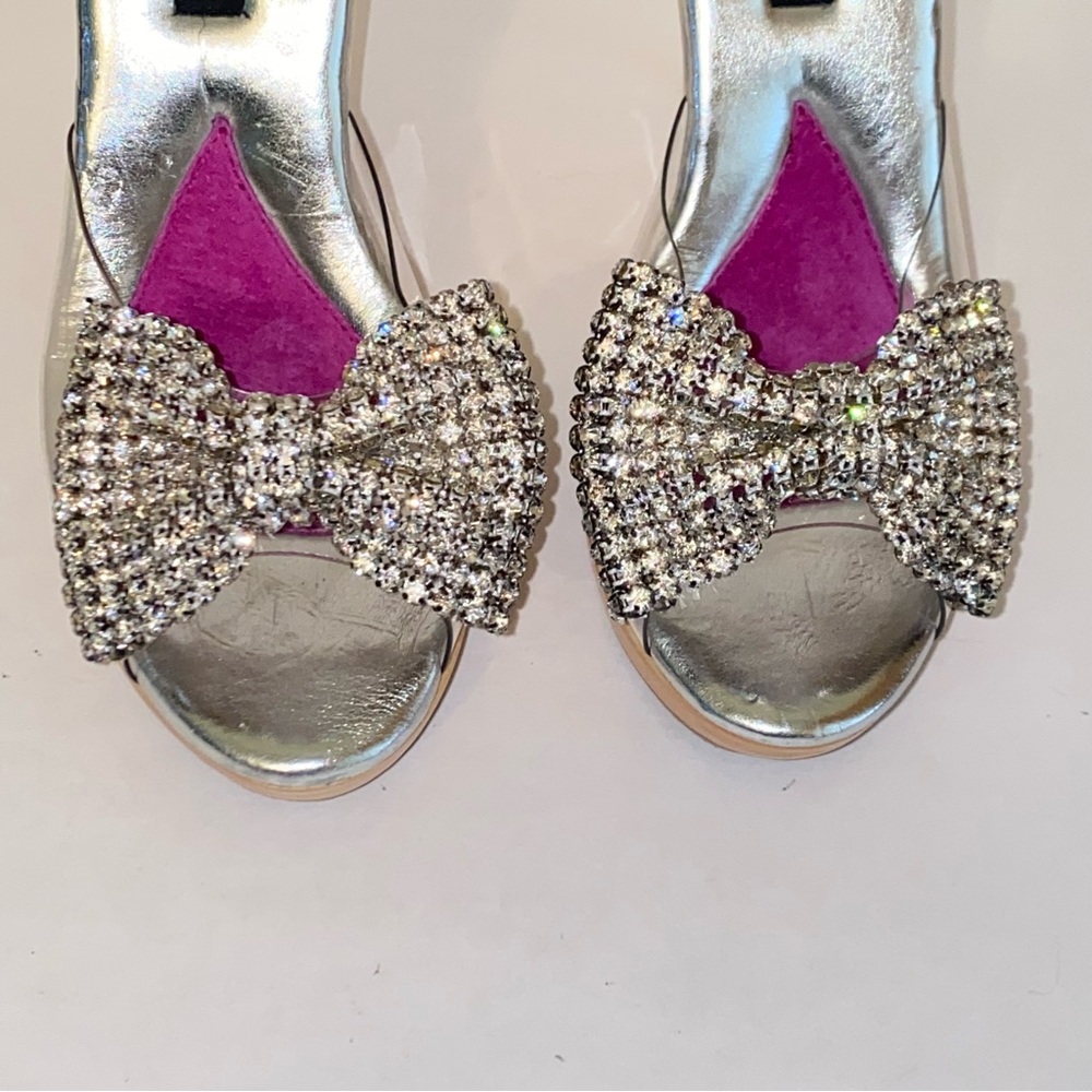 Vintage Betsey Johnson Polly Mules Rhinestone Bow Wood Heel Pin Up - Picture 4 of 14
